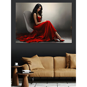 Kırmızı Elbiseli Kadın Dekoratif Kanvas - Mdf Ahşap Tablo 100x140 cm