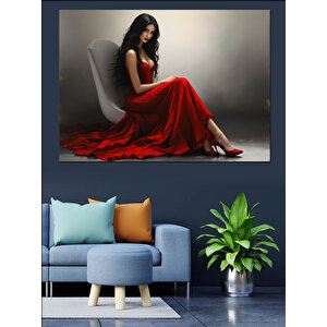 Kırmızı Elbiseli Kadın Dekoratif Kanvas - Mdf Ahşap Tablo