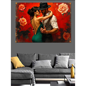 Kırmızı Fondaki Aşık Çift Dekoratif Kanvas - Mdf Ahşap Tablo