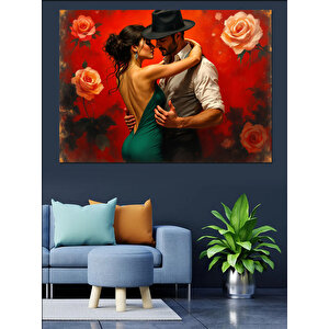 Kırmızı Fondaki Aşık Çift Dekoratif Kanvas - Mdf Ahşap Tablo 35x50 cm
