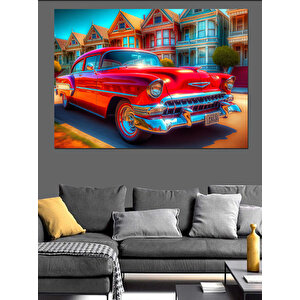 Kırmızı Klasik Chevrolet Dekoratif Kanvas - Mdf Ahşap Tablo 100x140 cm
