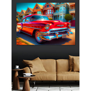 Kırmızı Klasik Chevrolet Dekoratif Kanvas - Mdf Ahşap Tablo 25x35 cm