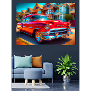 Kırmızı Klasik Chevrolet Dekoratif Kanvas - Mdf Ahşap Tablo 25x35 cm