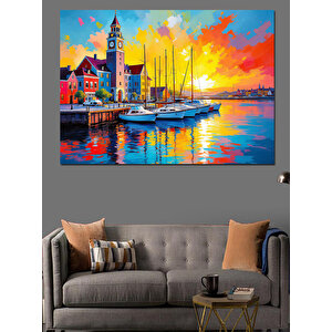 Renkli Liman Manzarası Dekoratif Kanvas - Mdf Ahşap Tablo 100x140 cm
