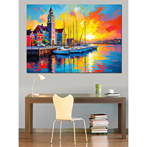 Renkli Liman Manzarası Dekoratif Kanvas - Mdf Ahşap Tablo 100x140 cm