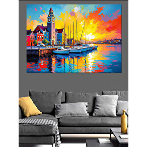 Renkli Liman Manzarası Dekoratif Kanvas - Mdf Ahşap Tablo 100x140 cm