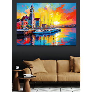Renkli Liman Manzarası Dekoratif Kanvas - Mdf Ahşap Tablo