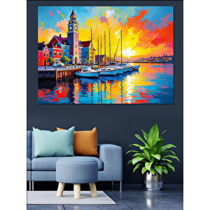 Renkli Liman Manzarası Dekoratif Kanvas - Mdf Ahşap Tablo