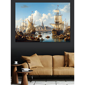 Yelkenli Liman Sahnesi Dekoratif Kanvas - Mdf Ahşap Tablo 70x100 cm