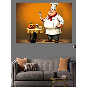 Şef Ve Balkabağı Figürü Dekoratif Kanvas - Mdf Ahşap Tablo 70x100 cm