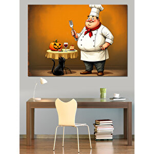 Şef Ve Balkabağı Figürü Dekoratif Kanvas - Mdf Ahşap Tablo 70x100 cm