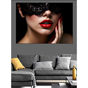 Siyah Dantelli Kırmızı Dudaklar Dekoratif Kanvas - Mdf Ahşap Tablo 50x70 cm