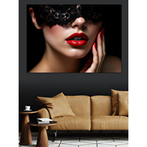 Siyah Dantelli Kırmızı Dudaklar Dekoratif Kanvas - Mdf Ahşap Tablo 50x70 cm