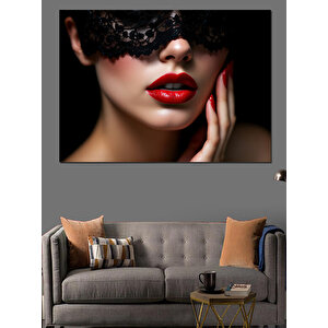 Siyah Dantelli Kırmızı Dudaklar Dekoratif Kanvas - Mdf Ahşap Tablo