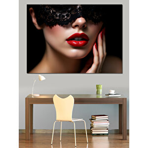 Siyah Dantelli Kırmızı Dudaklar Dekoratif Kanvas - Mdf Ahşap Tablo