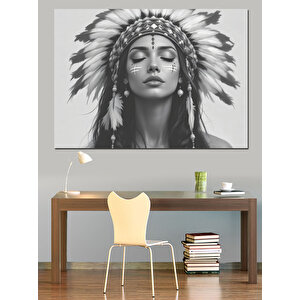 Siyah Beyaz Kızılderili Kadın Dekoratif Kanvas - Mdf Ahşap Tablo