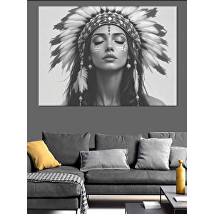 Siyah Beyaz Kızılderili Kadın Dekoratif Kanvas - Mdf Ahşap Tablo