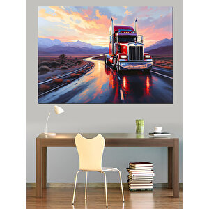 Yağmur Altında Kırmızı Tır Dekoratif Kanvas - Mdf Ahşap Tablo 35x50 cm