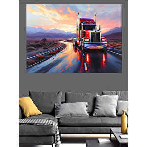 Yağmur Altında Kırmızı Tır Dekoratif Kanvas - Mdf Ahşap Tablo 35x50 cm