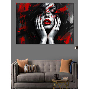 Siyah Kırmızı Makyajlı Kadın Dekoratif Kanvas - Mdf Ahşap Tablo