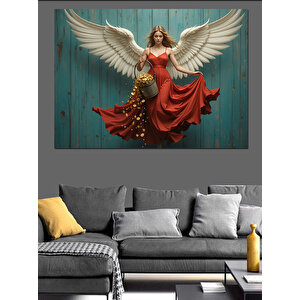 Kanatlı Kırmızı Elbiseli Melek Dekoratif Kanvas - Mdf Ahşap Tablo 100x140 cm