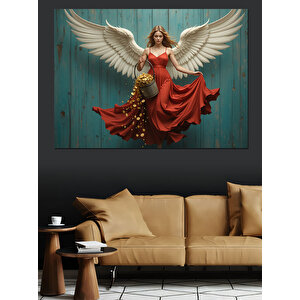 Kanatlı Kırmızı Elbiseli Melek Dekoratif Kanvas - Mdf Ahşap Tablo 100x140 cm