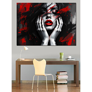 Siyah Kırmızı Makyajlı Kadın Dekoratif Kanvas - Mdf Ahşap Tablo