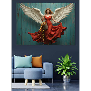 Kanatlı Kırmızı Elbiseli Melek Dekoratif Kanvas - Mdf Ahşap Tablo 70x100 cm