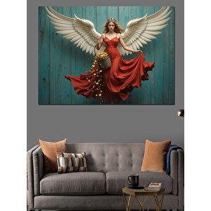 Kanatlı Kırmızı Elbiseli Melek Dekoratif Kanvas - Mdf Ahşap Tablo