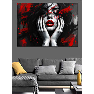 Siyah Kırmızı Makyajlı Kadın Dekoratif Kanvas - Mdf Ahşap Tablo 70x100 cm