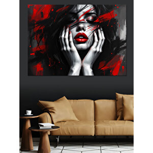 Siyah Kırmızı Makyajlı Kadın Dekoratif Kanvas - Mdf Ahşap Tablo 70x100 cm