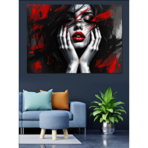Siyah Kırmızı Makyajlı Kadın Dekoratif Kanvas - Mdf Ahşap Tablo 70x100 cm