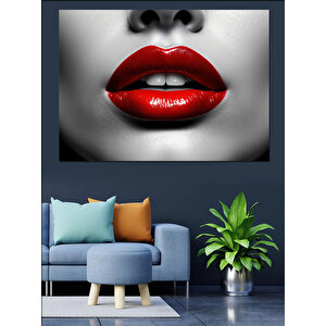 Parlak Kırmızı Rujlu Dudaklar Dekoratif Kanvas - Mdf Ahşap Tablo 50x70 cm