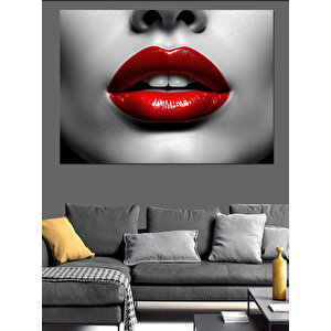 Parlak Kırmızı Rujlu Dudaklar Dekoratif Kanvas - Mdf Ahşap Tablo 35x50 cm