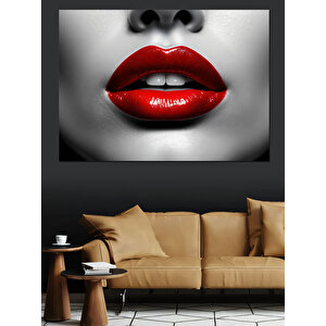 Parlak Kırmızı Rujlu Dudaklar Dekoratif Kanvas - Mdf Ahşap Tablo 35x50 cm