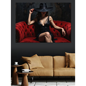 Kırmızı Koltukta Siyah Kadın Dekoratif Kanvas - Mdf Ahşap Tablo 70x100 cm