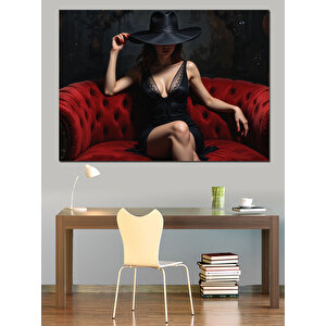 Kırmızı Koltukta Siyah Kadın Dekoratif Kanvas - Mdf Ahşap Tablo 100x140 cm