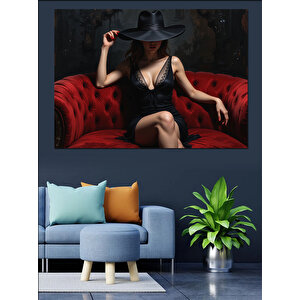 Kırmızı Koltukta Siyah Kadın Dekoratif Kanvas - Mdf Ahşap Tablo
