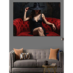 Kırmızı Koltukta Siyah Kadın Dekoratif Kanvas - Mdf Ahşap Tablo