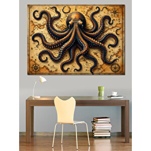 Vintage Sekiz Kollu Ahtapot Dekoratif Kanvas - Mdf Ahşap Tablo 100x140 cm