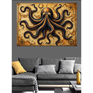 Vintage Sekiz Kollu Ahtapot Dekoratif Kanvas - Mdf Ahşap Tablo 100x140 cm