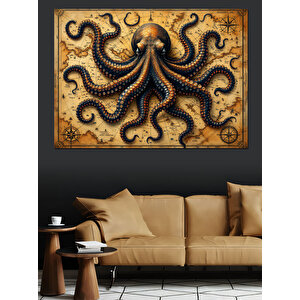 Vintage Sekiz Kollu Ahtapot Dekoratif Kanvas - Mdf Ahşap Tablo 100x140 cm
