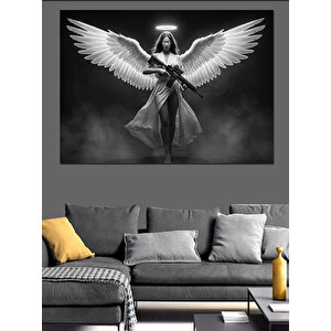 Siyah Beyaz Kanatlı Kadın Dekoratif Kanvas - Mdf Ahşap Tablo 70x100 cm
