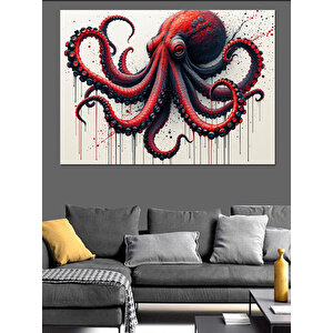 Boyalı Kırmızı Ahtapot Dekoratif Kanvas - Mdf Ahşap Tablo 70x100 cm