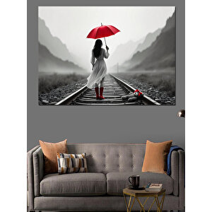 Kırmızı Şemsiyeli Kadın Dekoratif Kanvas - Mdf Ahşap Tablo 100x140 cm