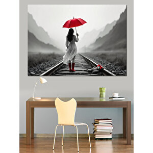 Kırmızı Şemsiyeli Kadın Dekoratif Kanvas - Mdf Ahşap Tablo 100x140 cm