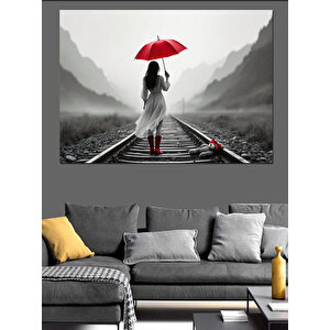 Kırmızı Şemsiyeli Kadın Dekoratif Kanvas - Mdf Ahşap Tablo 100x140 cm