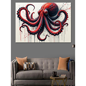 Boyalı Kırmızı Ahtapot Dekoratif Kanvas - Mdf Ahşap Tablo 50x70 cm