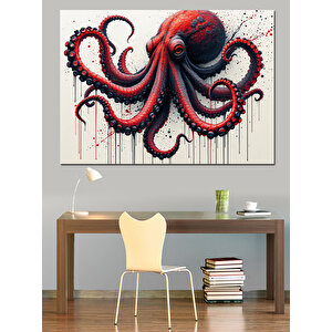 Boyalı Kırmızı Ahtapot Dekoratif Kanvas - Mdf Ahşap Tablo 50x70 cm