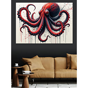 Boyalı Kırmızı Ahtapot Dekoratif Kanvas - Mdf Ahşap Tablo